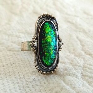 Triplet Opal Simulated Stone Ring Antiqued Silver Oval Adjustable Green Sparkle